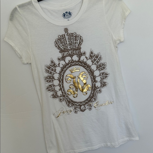 Vintage Juicy Couture White Tee with crystal bling crown & Gold Foil Emblem Y2k - Picture 9 of 17